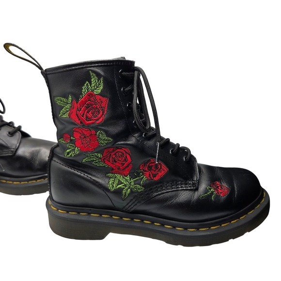 Dr Martens 1460 W Black Leather Rose Floral Embroidered Ankle Boots US 7 - Picture 6 of 10